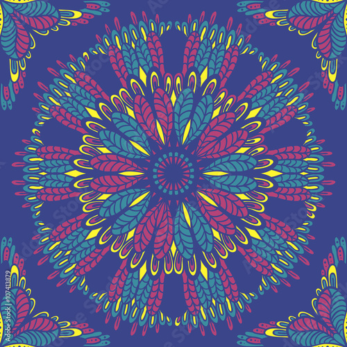 Seamless oriental boho pattern with stylized feathers. Ethnic style with hand drown mandalas. Repeating background texture. Clothes design, wallpaper, wrapping. Changeable colors.