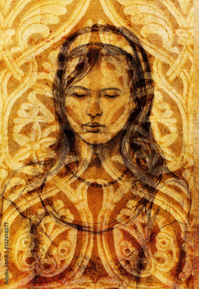 art drawing beautiful girl face and ornament background. art drawing beautiful girl face and ornament background.