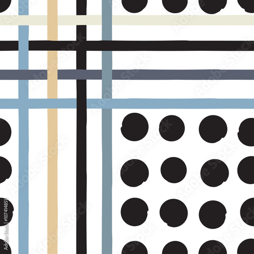 Cute vector geometric seamless pattern . Polka dots and stripes. Brush strokes. Hand drawn grunge texture. Abstract forms. Endless texture can be used for printing onto fabric or paper