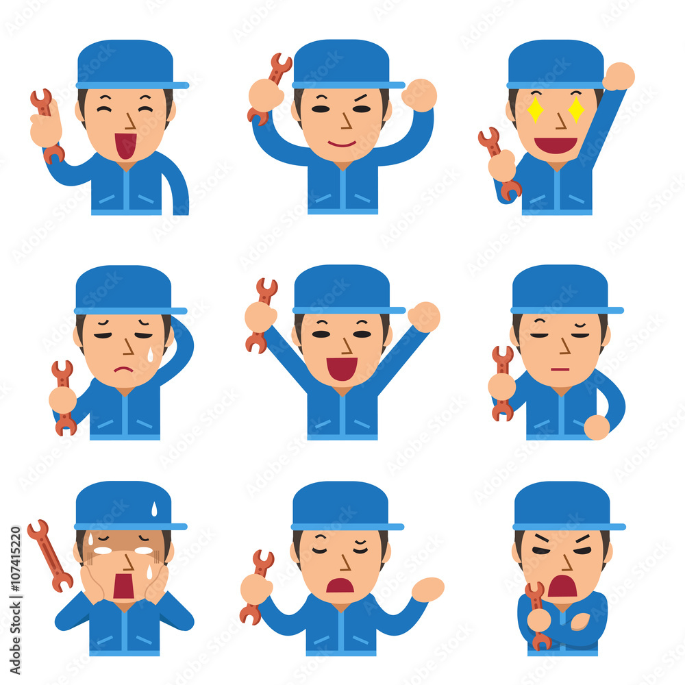 Cartoon technician faces showing different emotions set Cartoon technician faces showing different emotions set