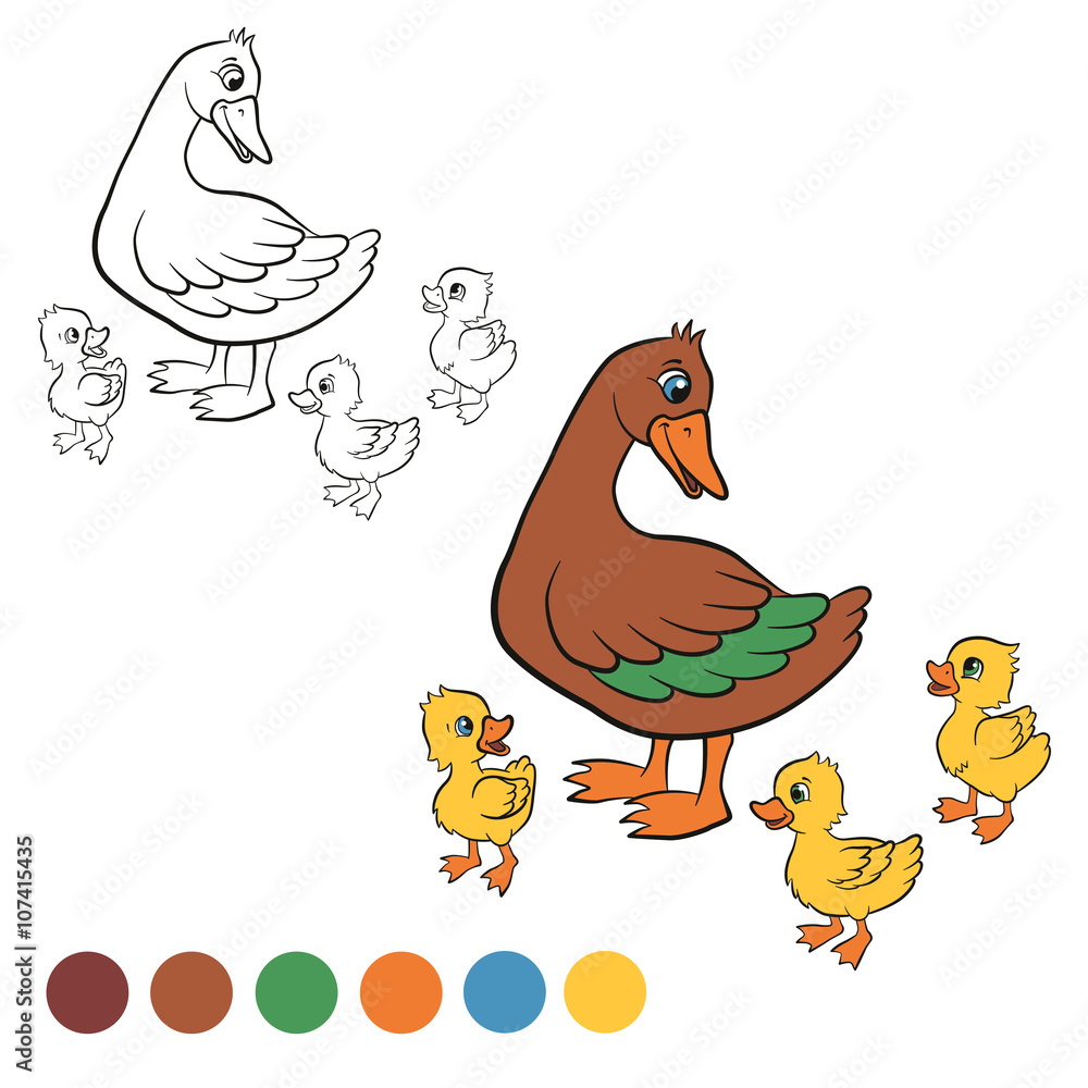 Coloring page. Color me: duck. Kind duck and free little cute ducklings ...