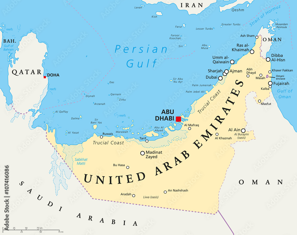 Obraz premium Polityczna mapa ZEA Zjednoczone Emiraty Arabskie ze stolicą Abu Zabi, granicami państwowymi, ważnymi miastami i zbiornikami wodnymi. Angielskie etykietowanie i skalowanie. Ilustracja.