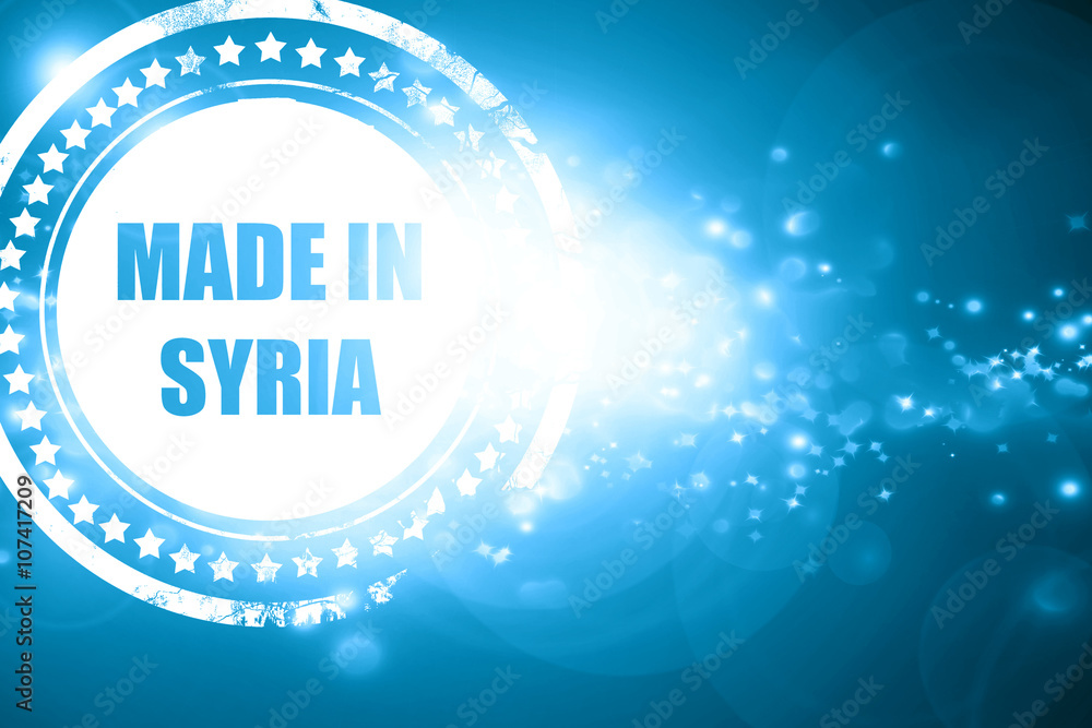 Blue stamp on a glittering background: Made in syria