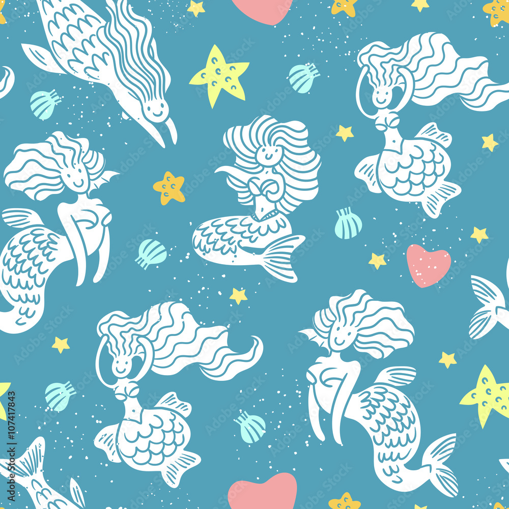 Mermaids in playful mood with seashells, hearts and stars seamless pattern Mermaids in playful mood with seashells, hearts and stars seamless pattern