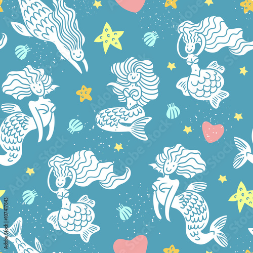 Mermaids in playful mood with seashells, hearts and stars seamless pattern 