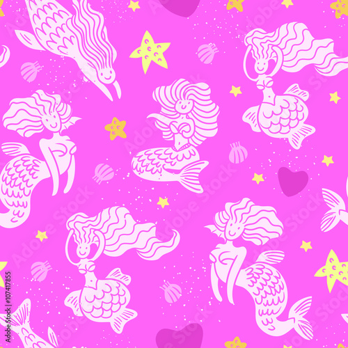 Mermaids in playful mood with seashells, hearts and stars. pink seamless pattern 