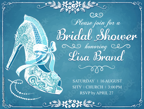 Bridal Shower invitation card with beautiful lace bride's shoe. Floral frame. Wedding invitation