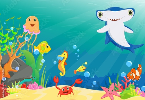 illustration of  coral reef with a funny fish and hammerhead shark