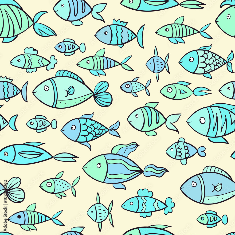 Seamless pattern with hand drawn fish.