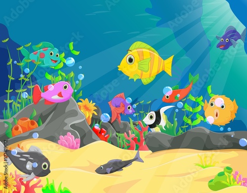  illustration of underwater world with corals and tropical fish