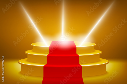 gold Illuminated stage podium for award ceremony vector illustration, red  carpet track