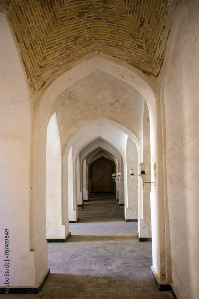Columns arch corridor. Landmarks in Bukhara