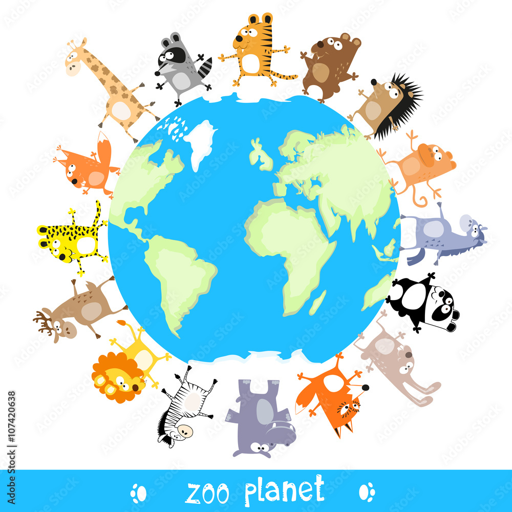 Naklejka premium Zoo planet with cute animals drawing in funny cartoon style isolated on white background for kids and preschool education. Vector illustration