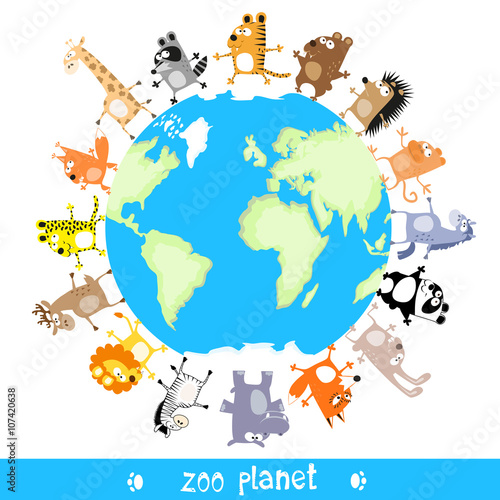 Zoo planet with cute animals drawing in funny cartoon style isolated on white background for kids and preschool education. Vector illustration