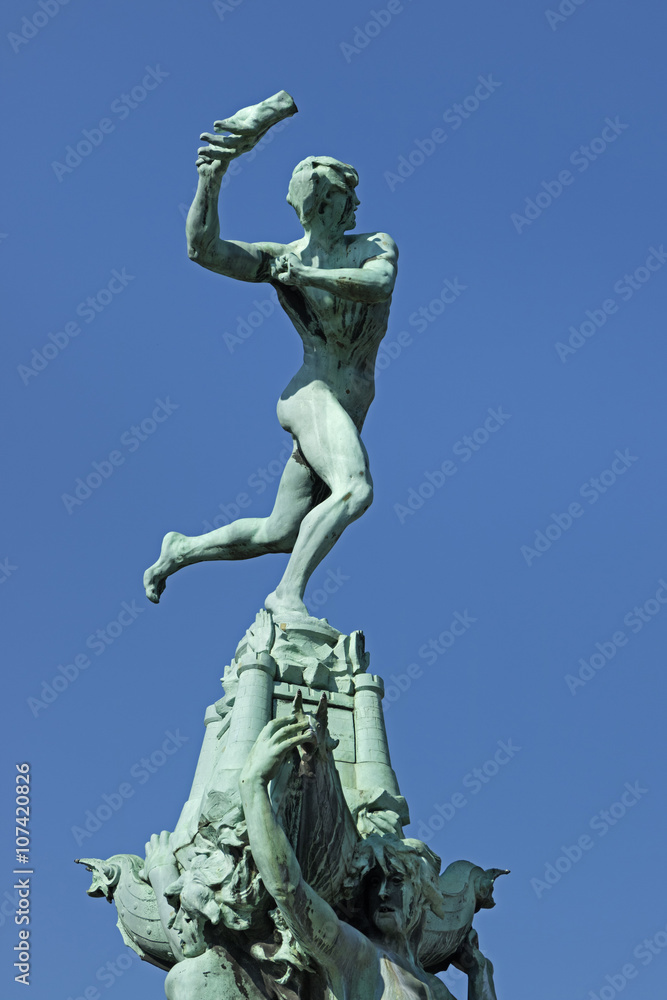 Fototapeta premium Belgium, Antwerp, March 17, 2016, Statue of Brabo throwing the h