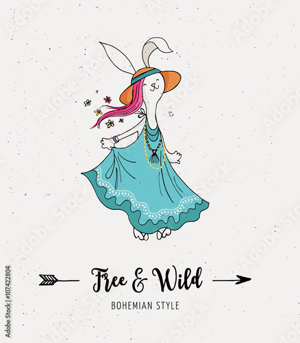 Bohemian fashion girl , bunny, rabbit, boho style