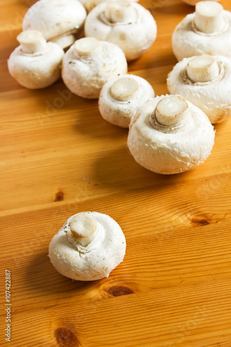 White raw champignon closeup lie on a wooden table.