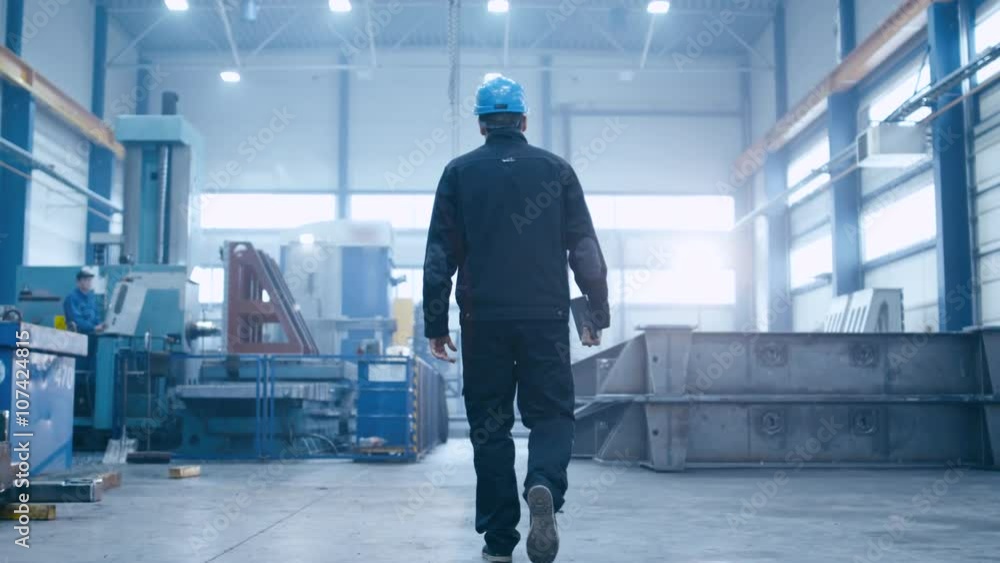 Follow footage of factory worker in a hard hat that is walking through industrial facilities. Shot on RED Cinema Camera.