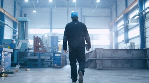 Follow footage of factory worker in a hard hat that is walking through industrial facilities. Shot on RED Cinema Camera.