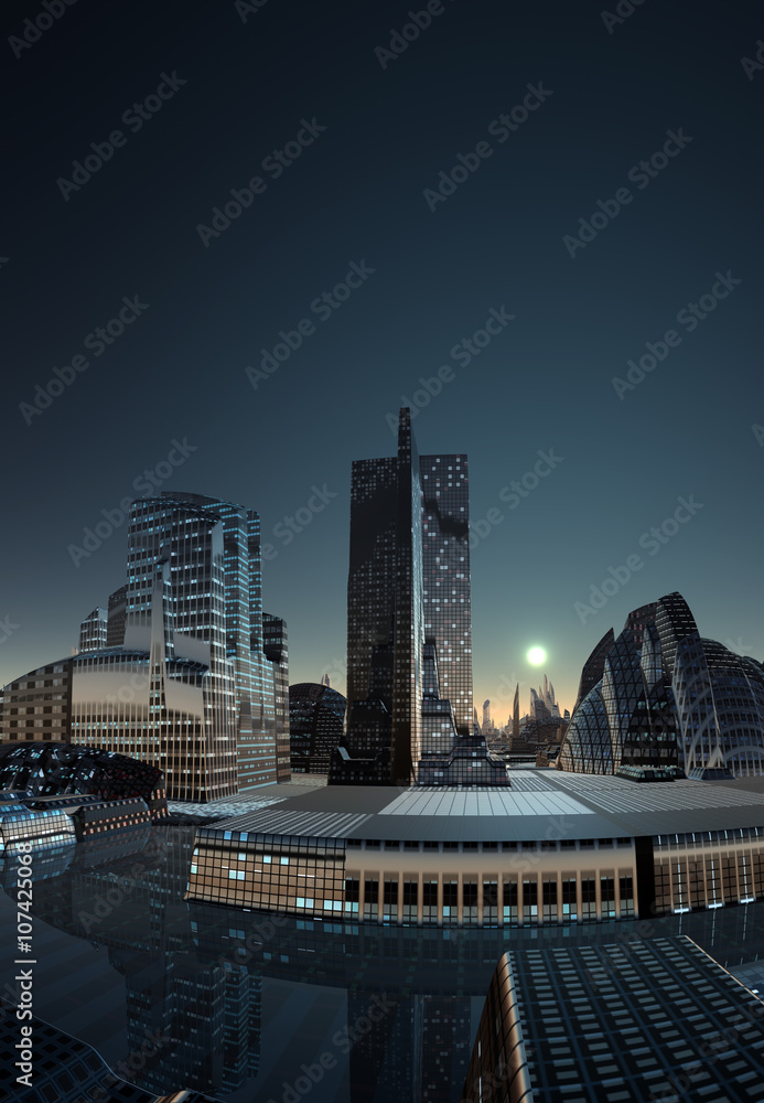 Naklejka premium Futuristic Alien City - 3D Computer Artwork