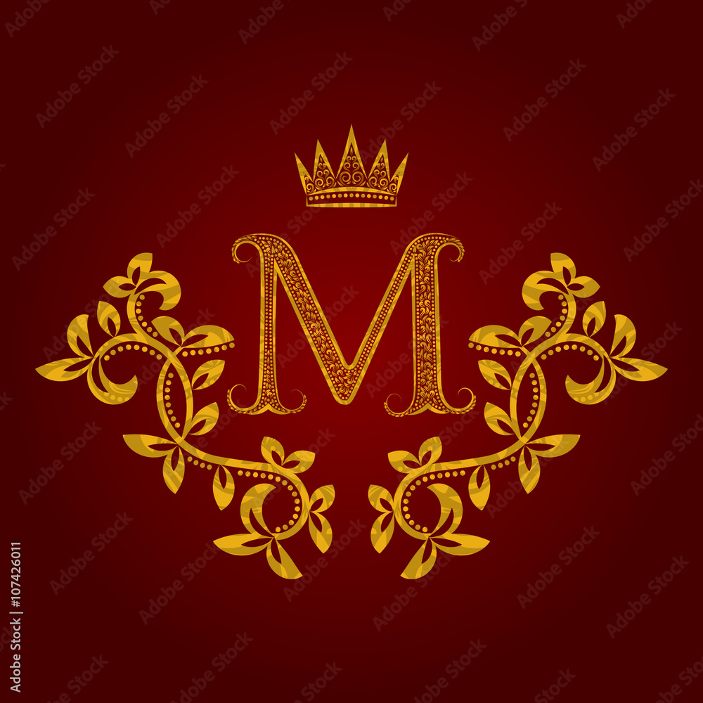 Patterned golden letter M monogram in vintage style. Heraldic coat of ...