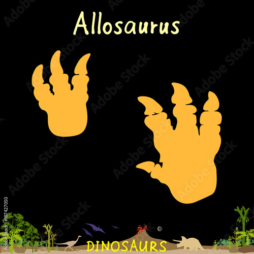 allosaurus dinosaur fossil footprint in prehistoric landscape background