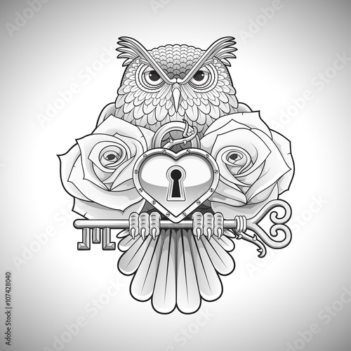 Beautiful black tattoo design of an owl holding a key with a heart locket and roses. Vector illustration.