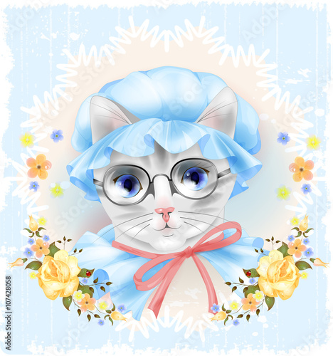 Vintage portrait of the cat with glasses and roses. Victorian st