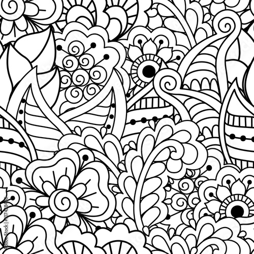 Seamless black and white background. Floral  ethnic  hand drawn elements for design. Good for coloring book for adults or design of wrapping and textile.