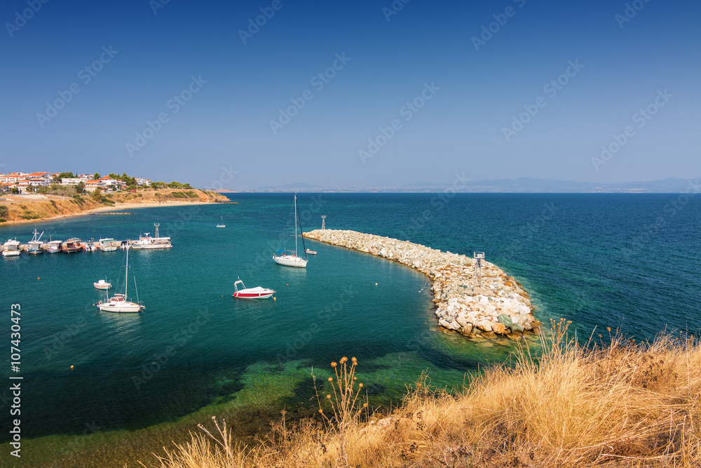 Sunny view of Mediterranean sea from Nea Fokia, Greece.
