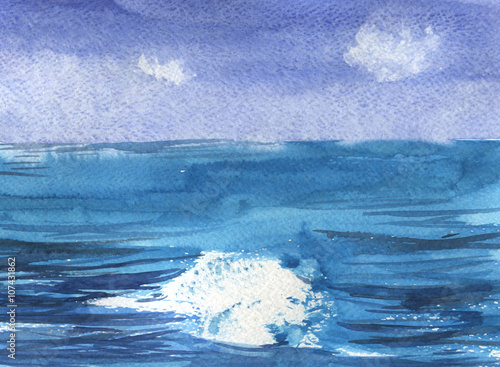 Sea waves and foam drawn by watercolor.