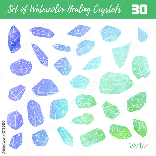 Watercolor, vector gemstones, healing crystals