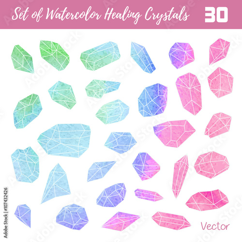Watercolor, vector gemstones, healing crystals