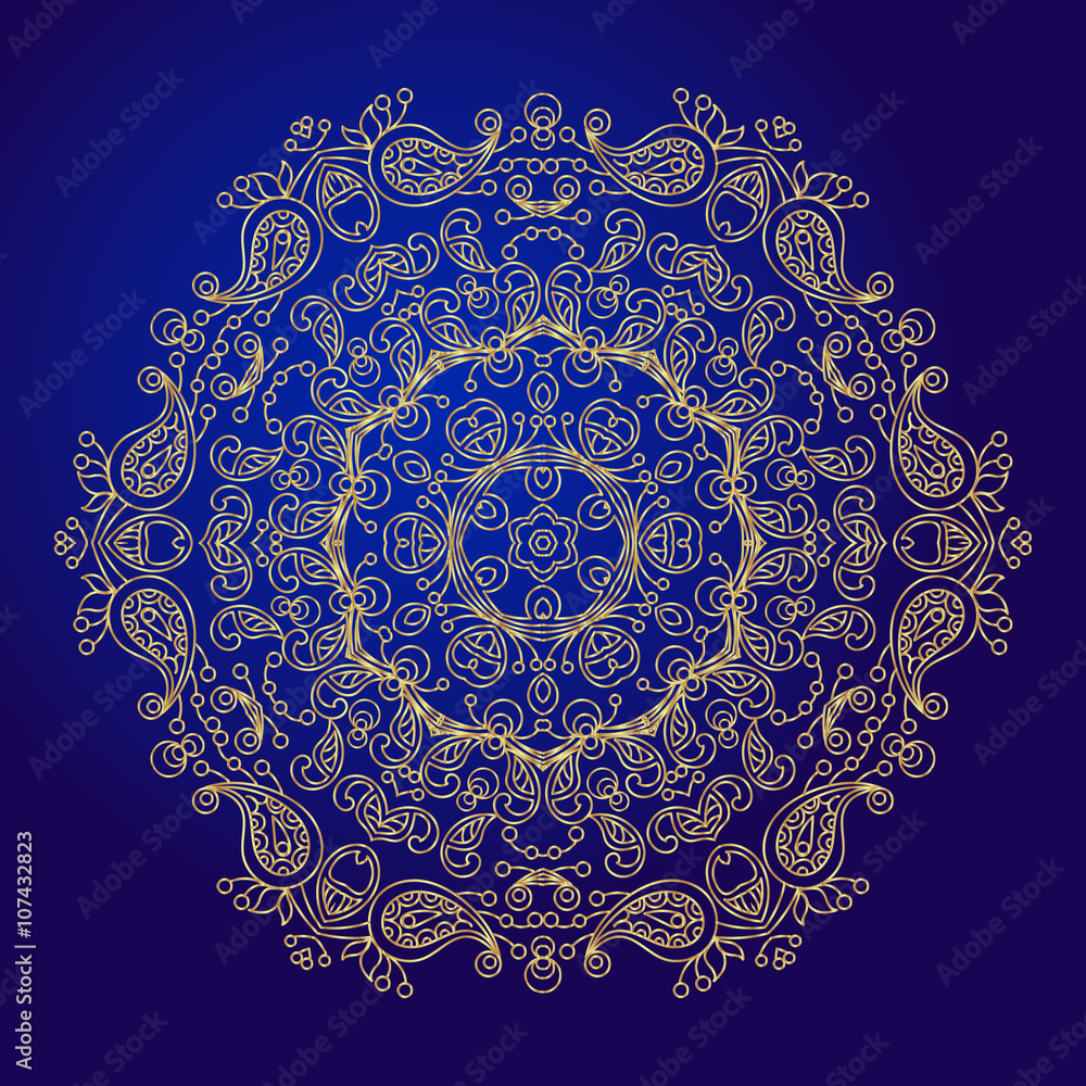 Mandala, amulet. Esoteric gold symbol on a blue background.