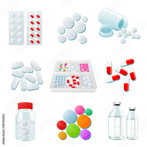 medicaments of various types, set of medical pill, vector Medicine isolated on white background, colorful products. Bottles and boxes with colored vitamins. Things to human health.