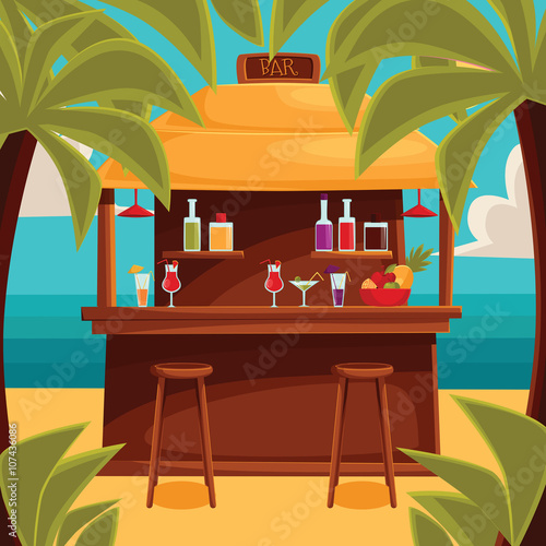 Beach bar on plage, summer barroom on vacation, cocktails on the sea with palm trees and water, ocean garizont visible for summer cafe, vector color illustration. variety summer drinks at the counter