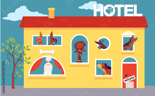 Hotel for dogs. Cartoon hotel building occupied by cute dogs, EPS 8 vector illustration