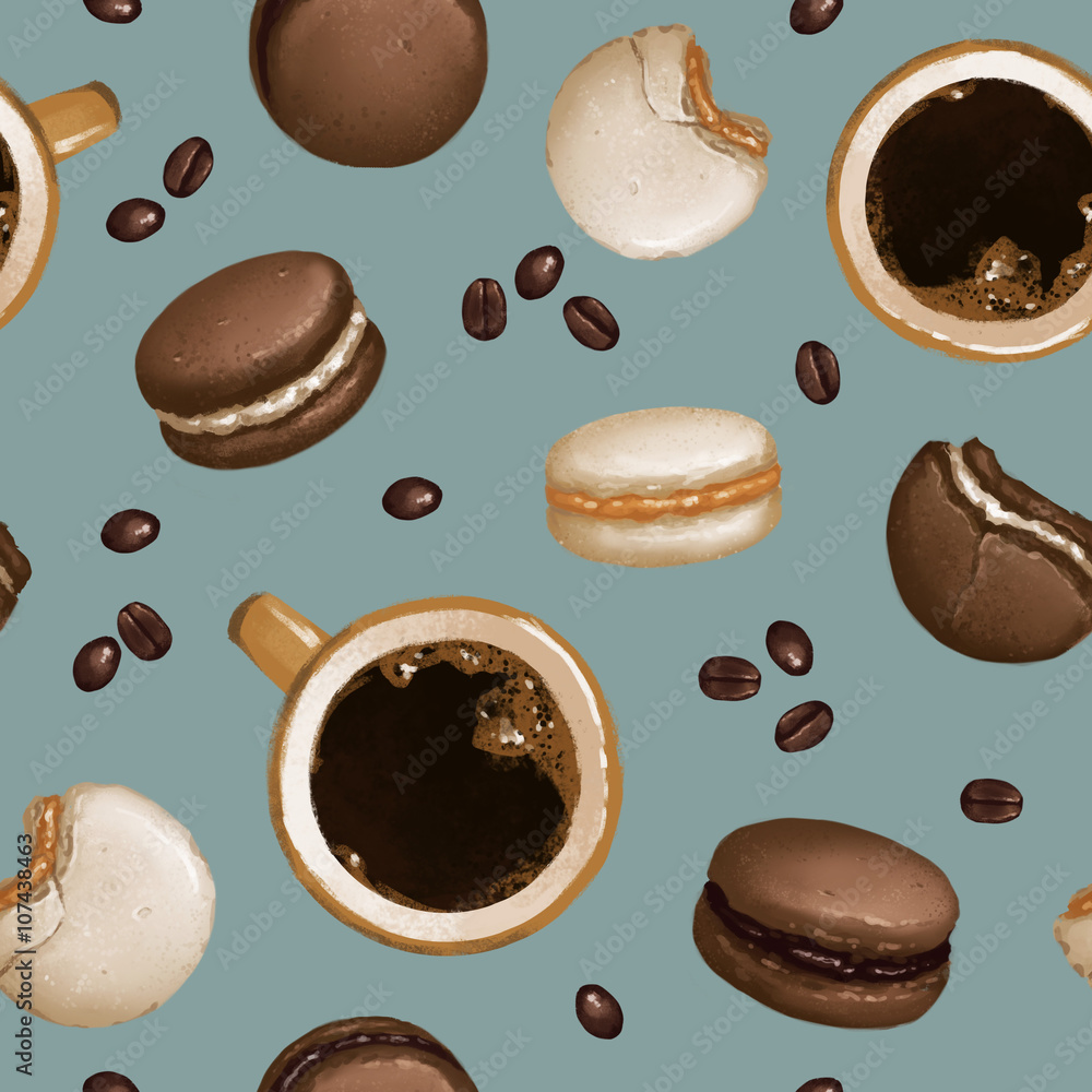 Obraz premium Coffee & Macarons set seamless pattern on blue grey
