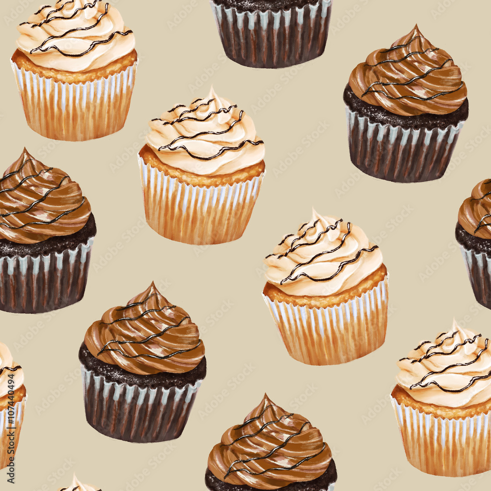 Seamless pattern with chocolate and vanilla cupcakes on beige background Seamless pattern with chocolate and vanilla cupcakes on beige background