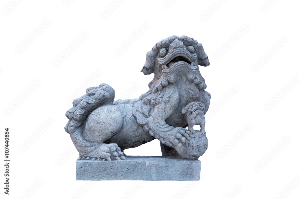 Singha stone sculpture, statue in public temple on white backgro