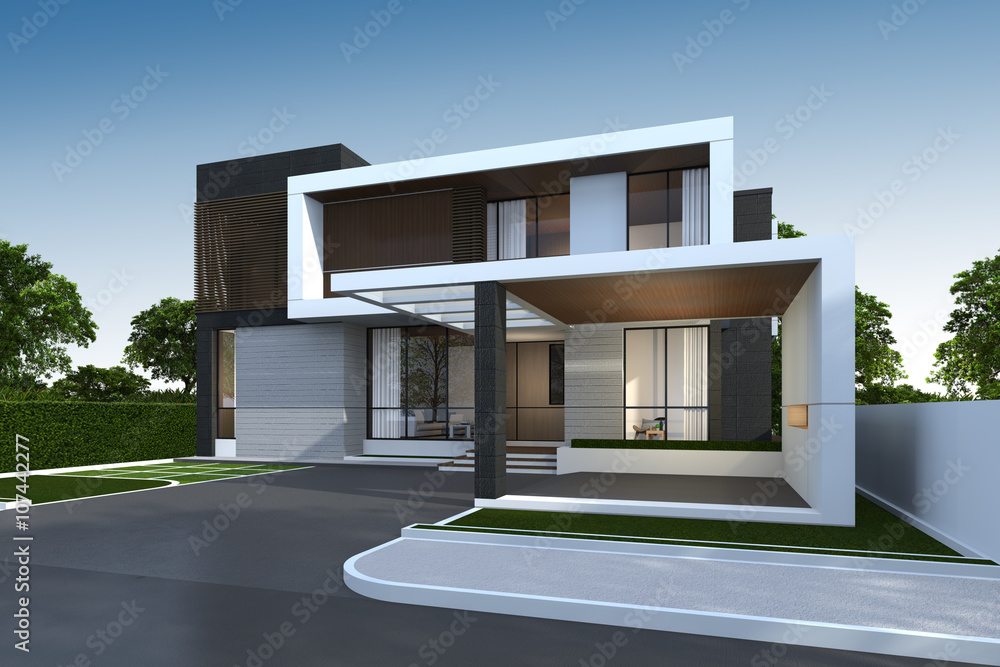 3D rendering of house exterior with clipping path.