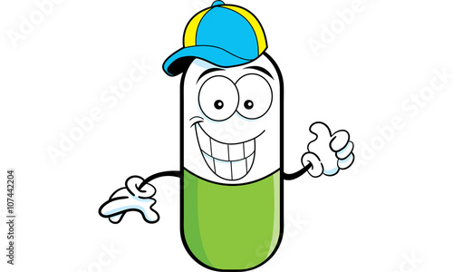 Cartoon illustration of a pill capsule giving thumbs up and wearing a baseball cap.