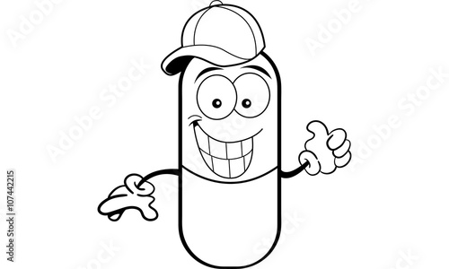 Black and white illustration of a pill capsule giving thumbs up and wearing a baseball cap.