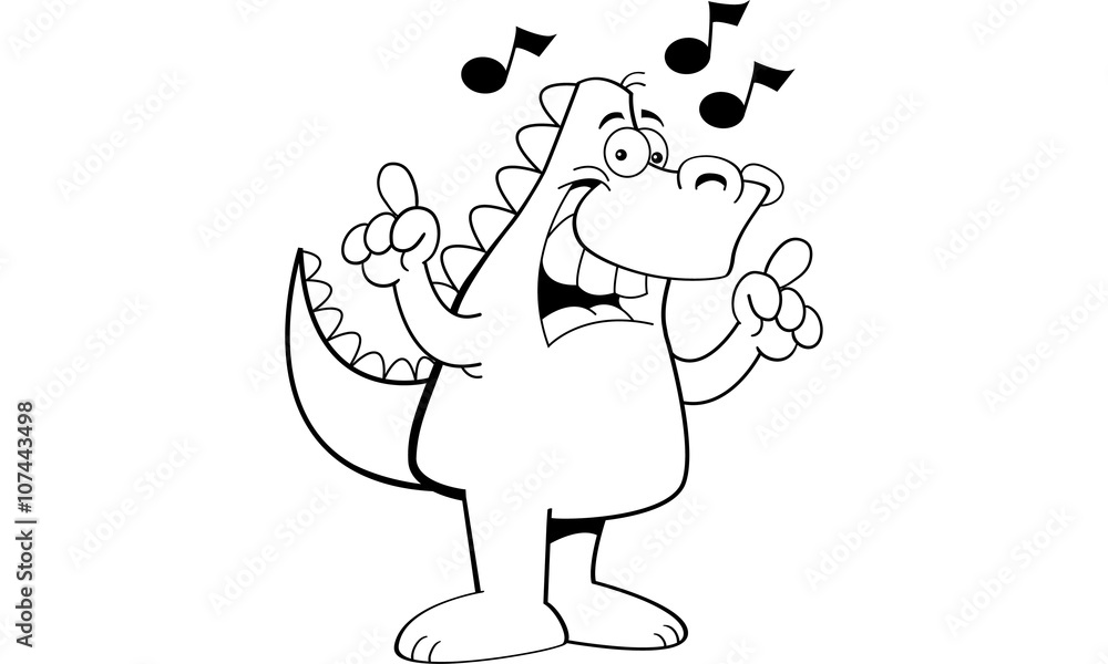 Fototapeta premium Black and white illustration of a dinosaur singing.