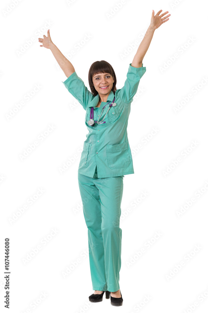 Nurse excited. Happy cheerful woman nurse with arms up. Isolated on white background.