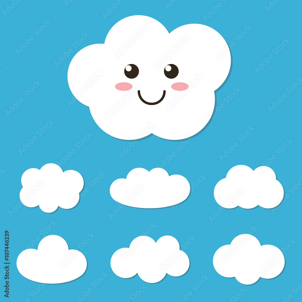 Flat design cartoon cute cloud character and cloud set, collection on blue background. Flat design cartoon cute cloud character and cloud set, collection on blue background.