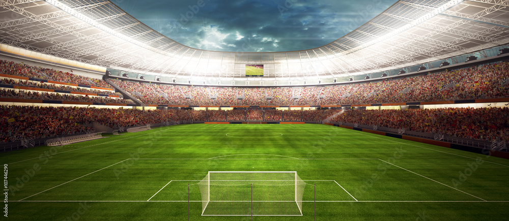 Fototapeta panaram widok wewnątrz stadionu piłkarskiego - panorama fussballstadion dla Spielbeginn