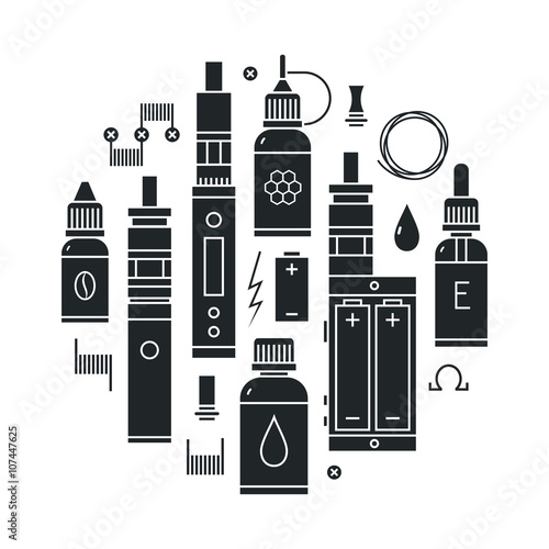 Vector illustration of vape and accessories. Vape icons set Isolated on white background
