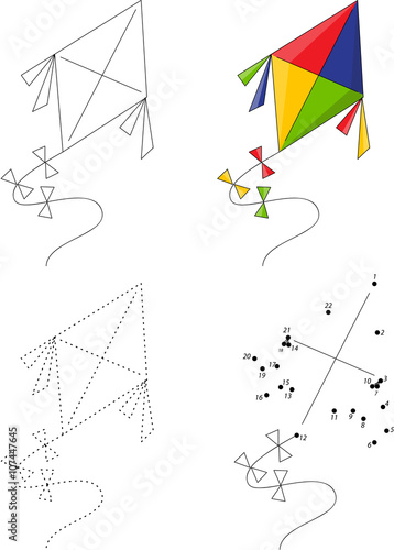 Cartoon colorful kite. Dot to dot game for kids
