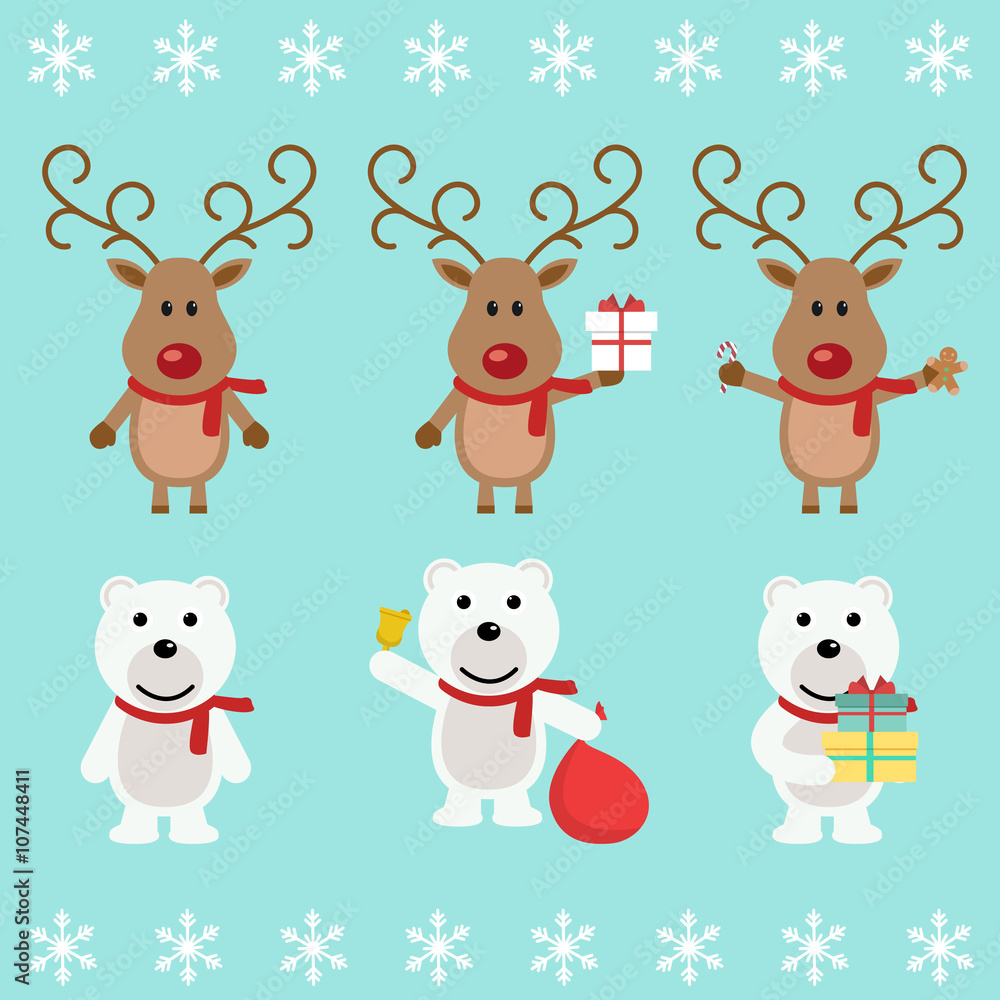 Obraz premium Polar bear and Christmas reindeer. Funny cartoon character. Vector illustration. Isolated on white background. Set